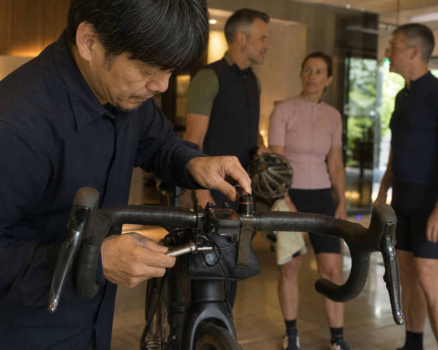 A bicycle is fitted before departure