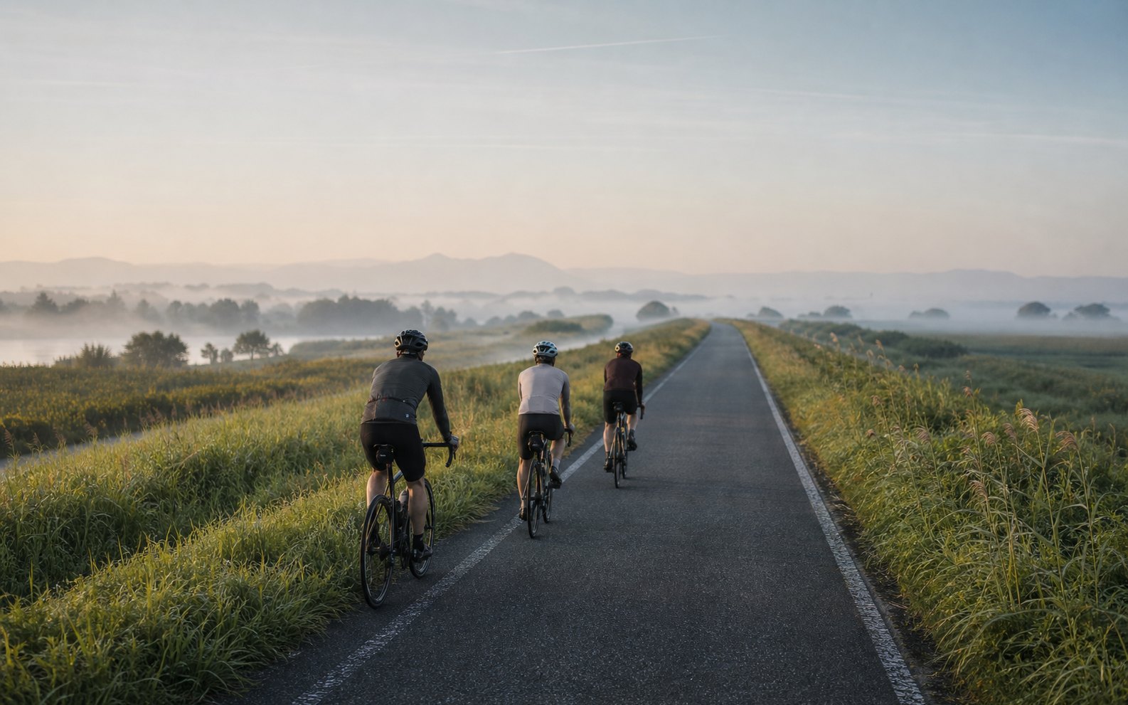 Cyclists on the Kizu river path riding toward Nara at dawn