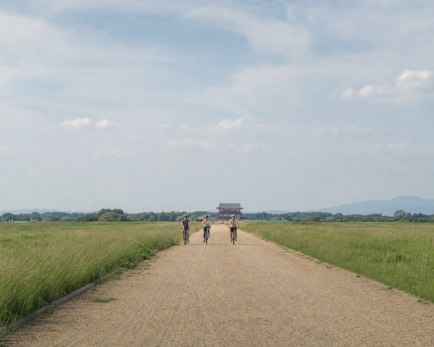 Flat riverside cycling path near Nara, ancient road atmosphere