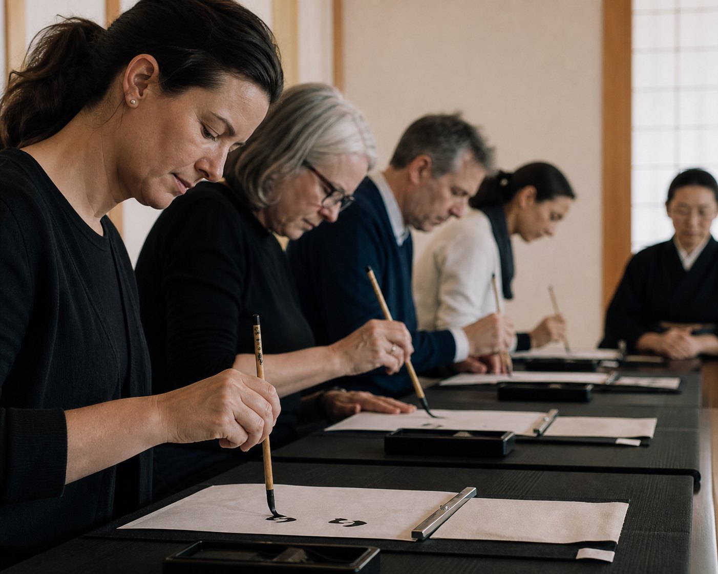 Hands copying sutra text with an ink brush at a low temple table