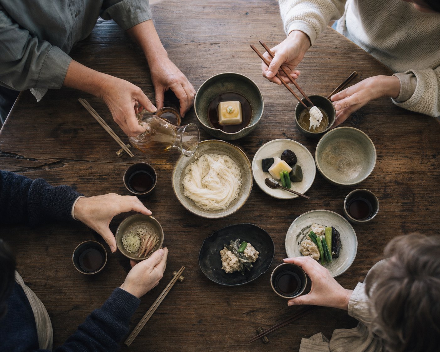 Bowl of Miwa somen noodles and small shojin ryori dishes on a wooden table