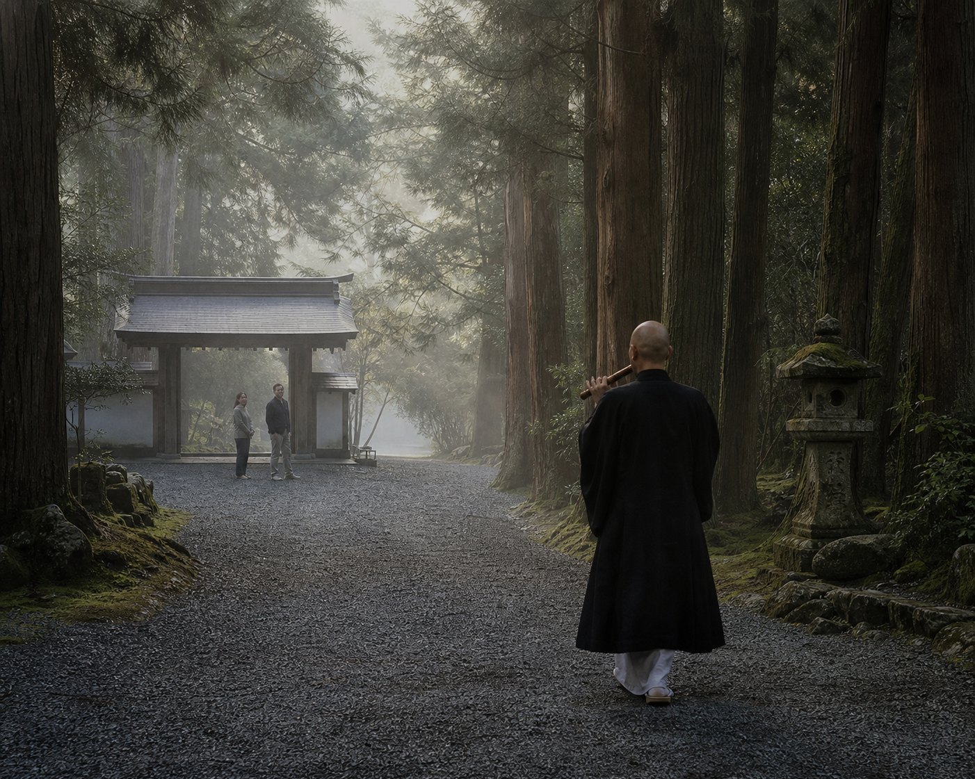 A monk walking a temple path, playing the shakuhachi — suizen, the moving zen