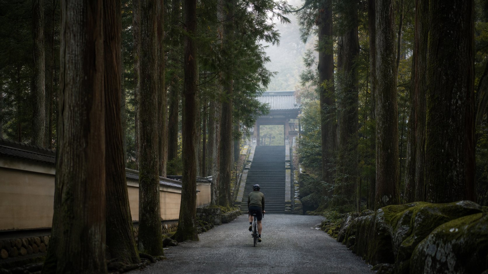 A rider alone on a quiet temple road at dawn