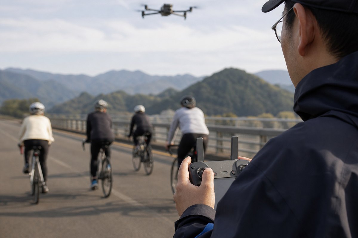 A drone operator holding the controller, the drone airborne above the group crossing a bridge
