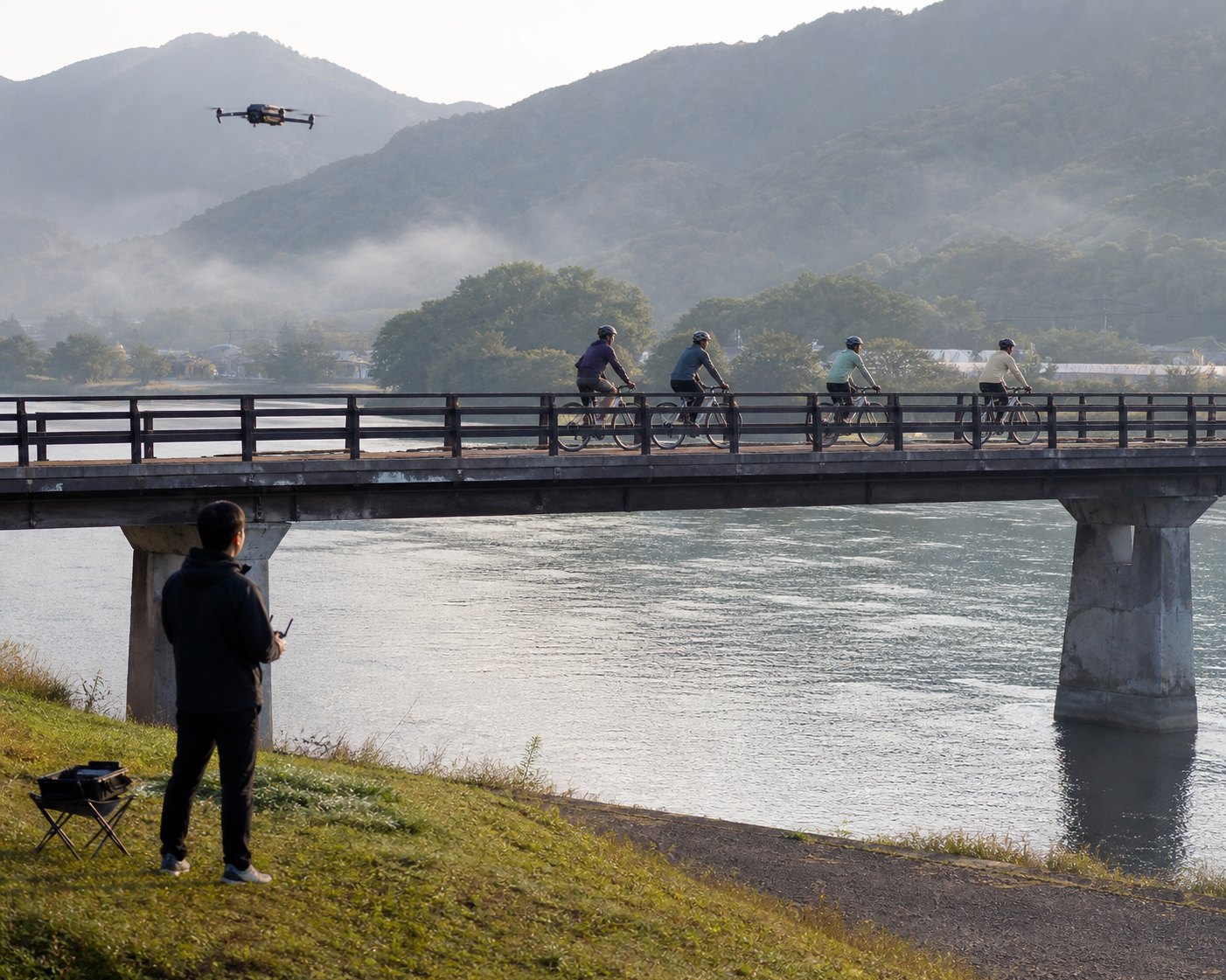 Drone operator framing the group crossing a bridge from above