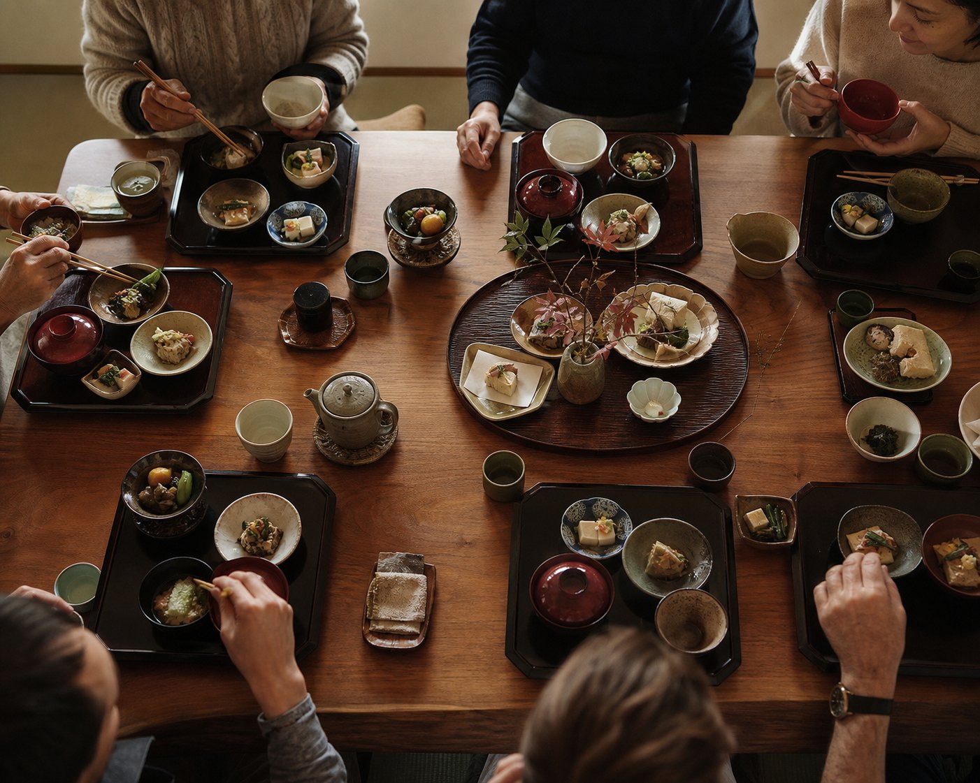 A shojin ryori temple meal laid out on lacquerware