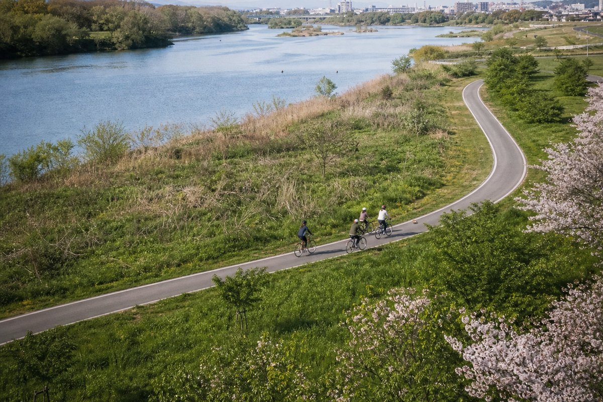 An aerial view of the riverside towpath curving past cherry trees, riders small on the path below