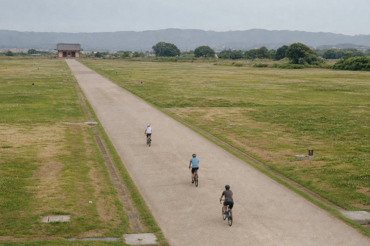 Riders on the wide open path across the Heijo palace grounds, the reconstructed gate standing in the distance